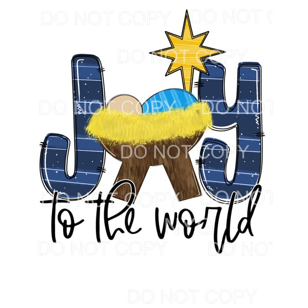 Joy To The World Baby Jesus In A Manger Blue Stripes Gold 