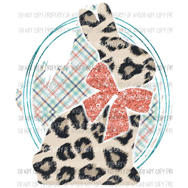 Leopard Bunny Oval #2 coral bow plaid Sublimation transfers Heat Transfer