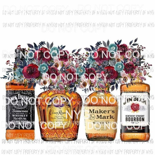 Liquor Bottles Jack Crown Makers Mark Jim Beam flower bouquets Sublimation transfers Heat Transfer
