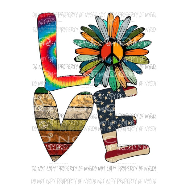 LOVE stacked flower peace sign flag tie dye Sublimation transfers Heat Transfer