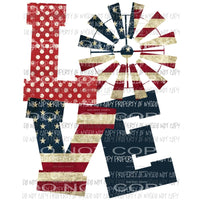 LOVE windmill american flag Sublimation transfers Heat Transfer
