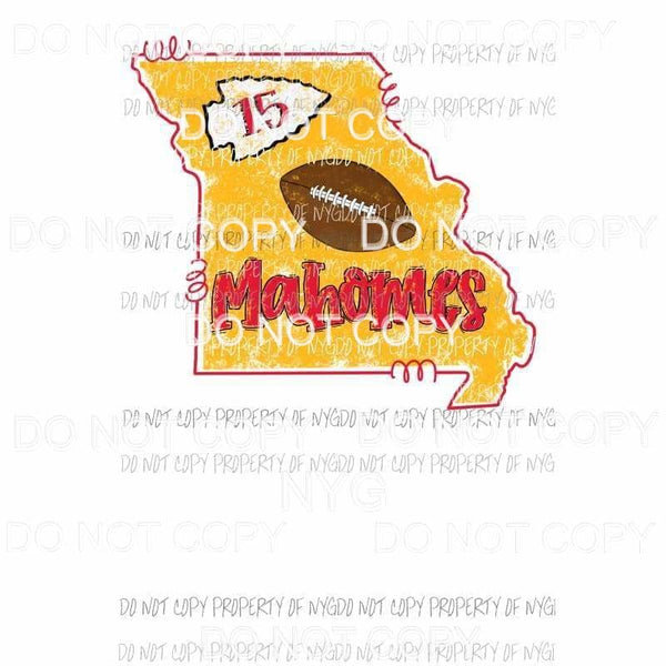 Mahomes Kansas City Chiefs #15 football quarterback state outline Sublimation transfers Heat Transfer