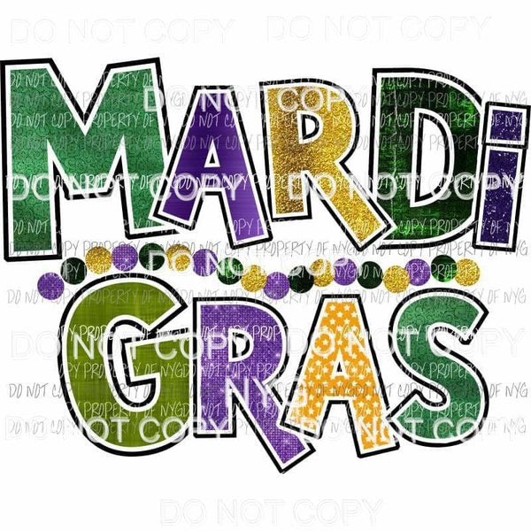 Mardi Gras word art #2 dark colors gold purple green orange beads Sublimation transfers Heat Transfer