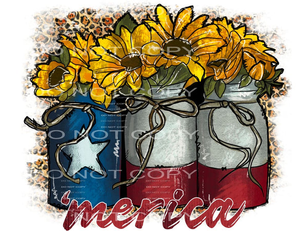 Merica America Flag Mason Jars Sunflowers USA #2481 