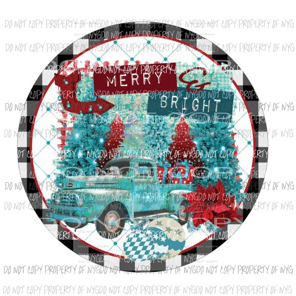 Merry Bright # 4 old truck trees blue red Sublimation transfers Heat Transfer
