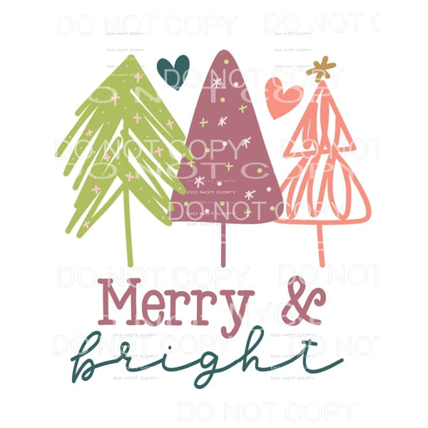 Merry & Bright Abstract Trees Green Purple Coral Hearts 