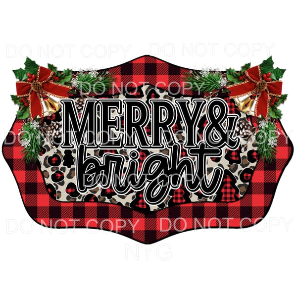 Merry & Bright Leopard Background Red Plaid Trees Frame Gold