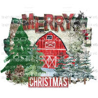 Merry Christmas barn snow trees watercolor buffalo plaid Sublimation transfers Heat Transfer