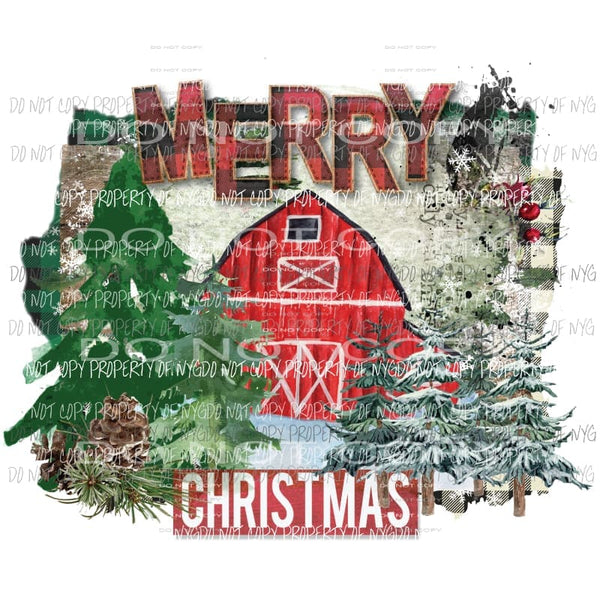 Merry Christmas barn snow trees watercolor buffalo plaid Sublimation transfers Heat Transfer
