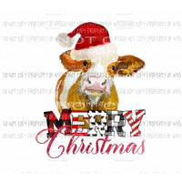 Merry Christmas brown cow red Santa hat Sublimation transfers Heat Transfer