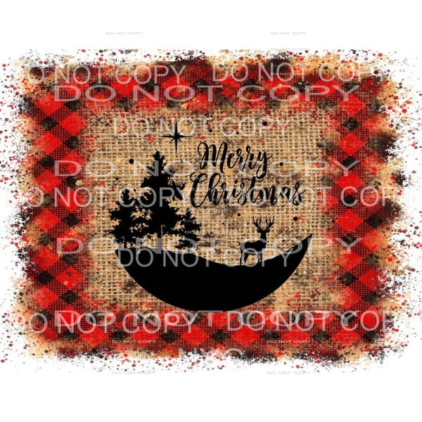 Merry Christmas Deer Trees Burlap Red Plaid #1883 