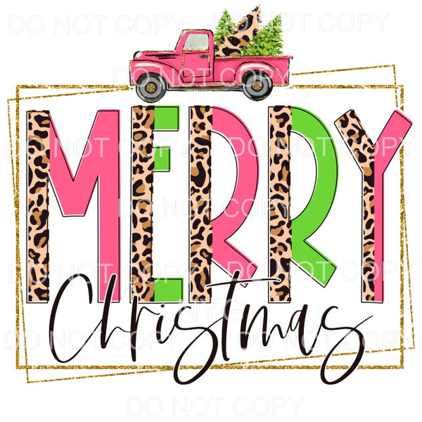 Merry Christmas Half Leopard Pink Vintage Truck Gold Glitter