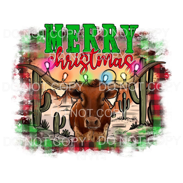 Merry Christmas Longhorn Cow Lights Desert Red Green Plaid 
