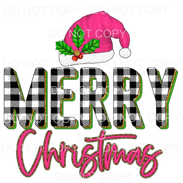 Merry Christmas Pink Black Plaid Gold Glitter #1169 