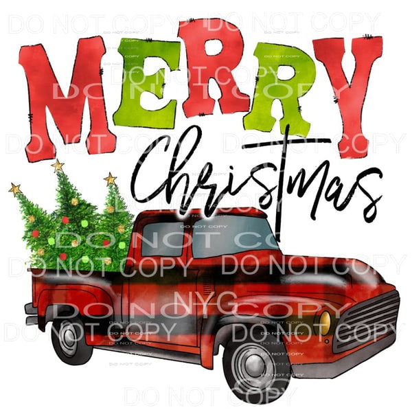 Merry Christmas Red Green Buffalo Plaid Vintage Truck Trees 