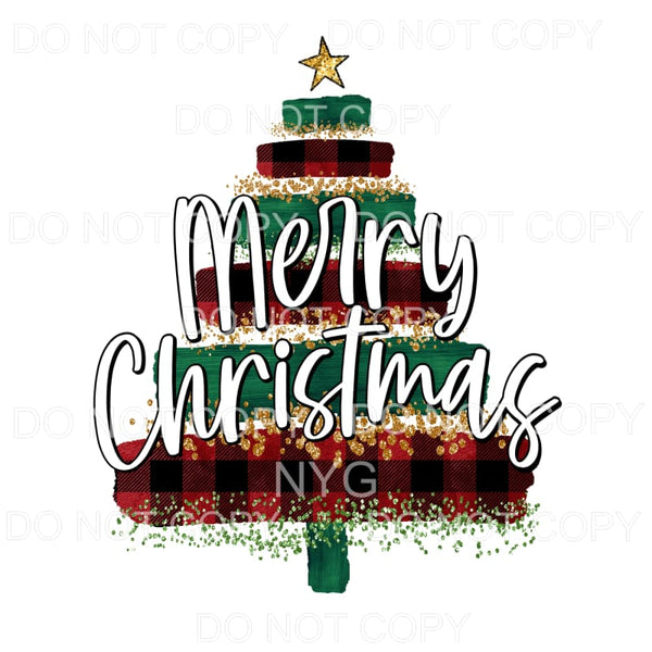 Merry Christmas Red Plaid Green Brush Strokes Tree Gold 