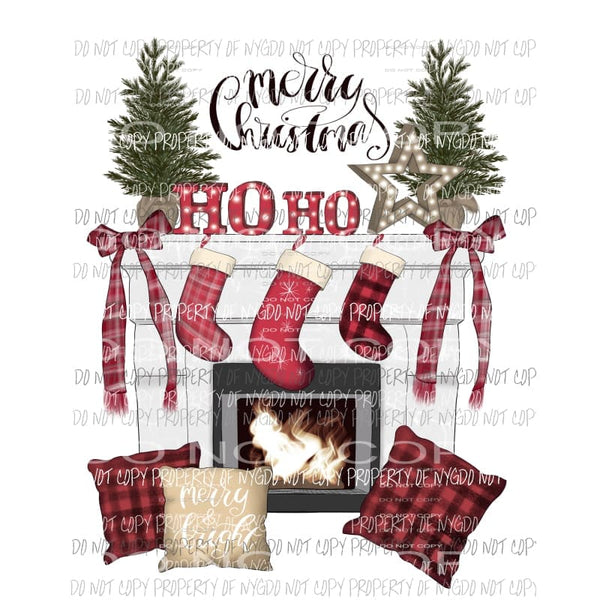 Merry Christmas scene fireplace stockings plaid pillows Sublimation transfers Heat Transfer