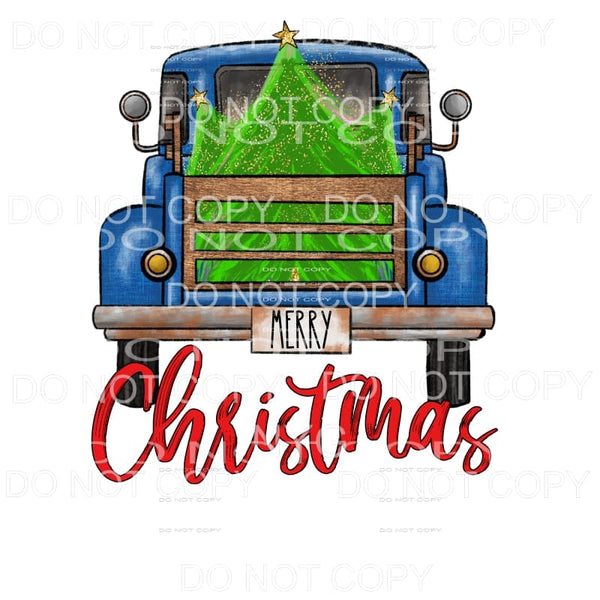 Merry Christmas Tree Blue Vintage Truck Sublimation 
