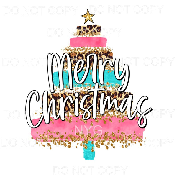 Merry Christmas Tree Pink Blue Leopard Brush Strokes Gold 