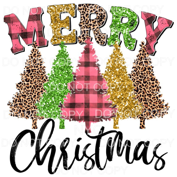 Merry Christmas Trees Pink Plaid Green Gold Glitter Leopard 