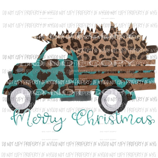 Merry Christmas Truck antique turquoise tree leopard Sublimation transfers Heat Transfer