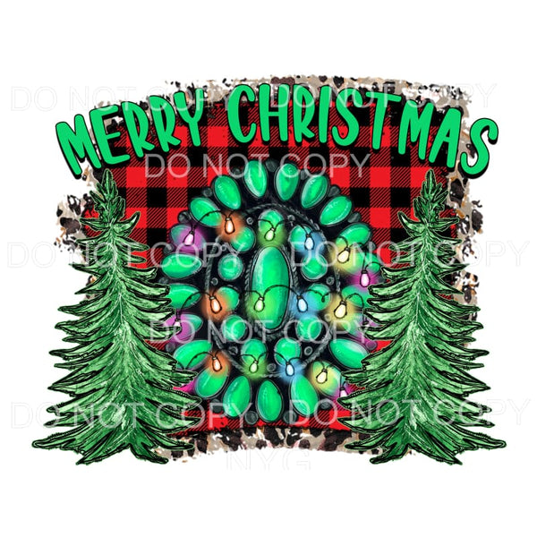 Merry Christmas Turquoise Trees Red Buffalo Plaid Cow Print 