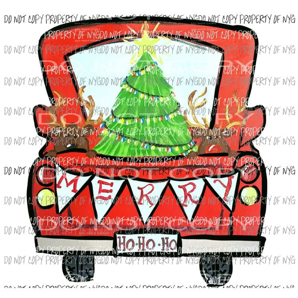 Merry Red Antique Truck Christmas Tree Reindeer Sublimation transfers Heat Transfer
