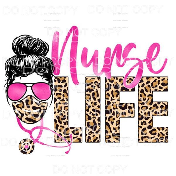 Nurse Life Messy Bun Pink Leopard Stethoscope Mask 