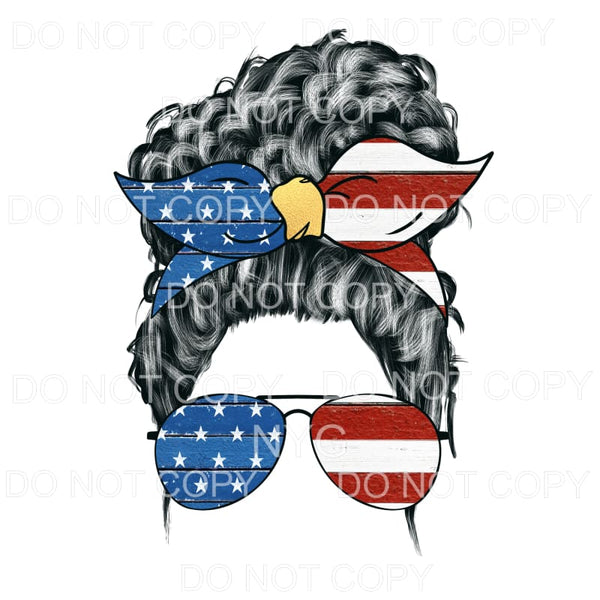 Patriotic Woman Curly Messy Bun Flag Sublimation transfers -