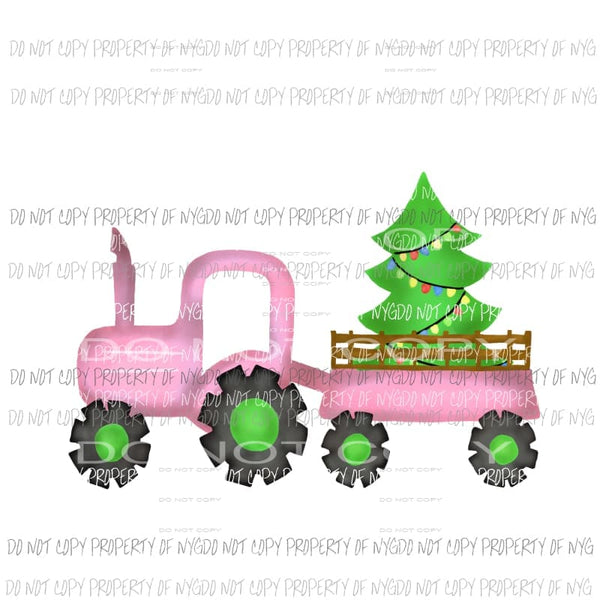 Pink Tractor with Tree watercolor Christmas Sublimation transfers Heat Transfer
