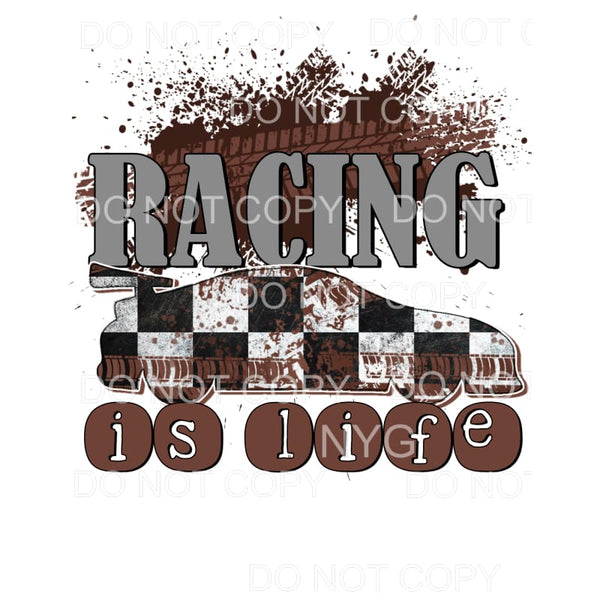 Racing Is Life Checkered Flag Car Brown Tire Tracks 