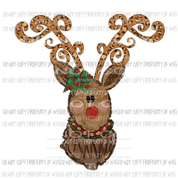 Reindeer decorated leopard antlers red green polka dot bow Sublimation transfers Heat Transfer