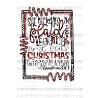She is clothed with Plaid and Leggings Sublimation transfers Heat Transfer