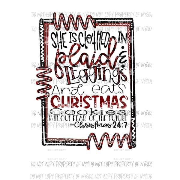 She is clothed with Plaid and Leggings Sublimation transfers Heat Transfer