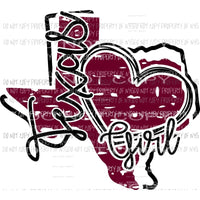 Texas Girl state outline heart maroon black Sublimation transfers Heat Transfer