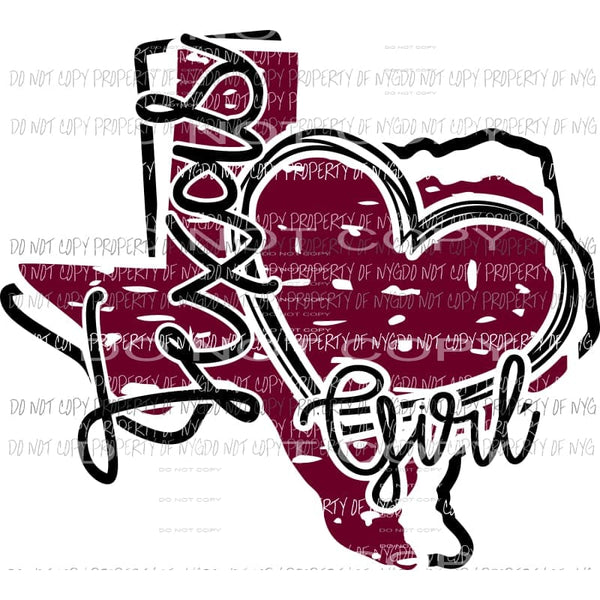 Texas Girl state outline heart maroon black Sublimation transfers Heat Transfer