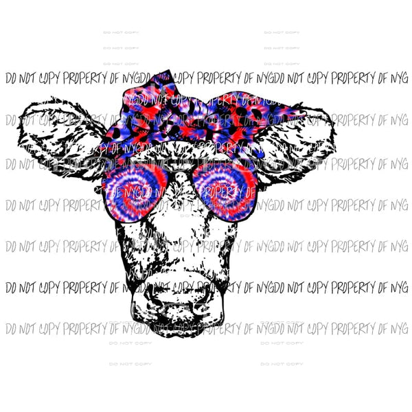 Tie Dye Cow with Glasses red white blue Sublimation transfers Heat Transfer