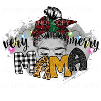 Verry Merry Mama Messy Bun Christmas Lights Plaid Leopard 