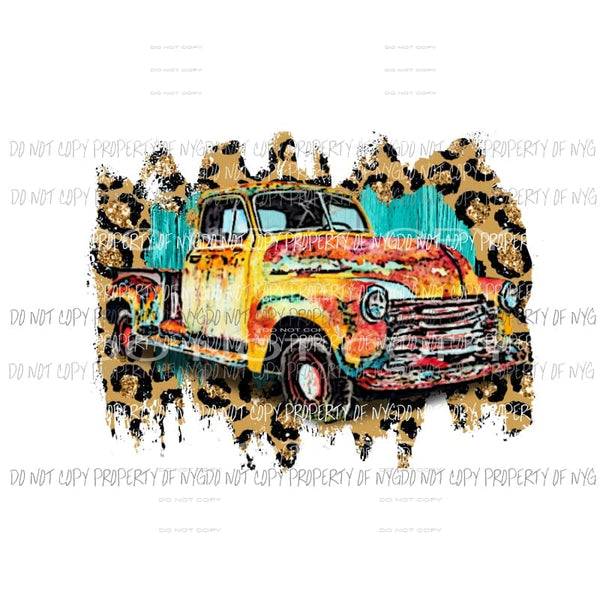 Vintage Truck multi color and leopard background watercolor Sublimation transfers Heat Transfer
