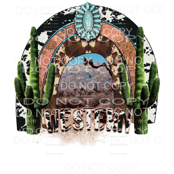 Western Desert Scene Cactus Cowhide Turquoise Sublimation 