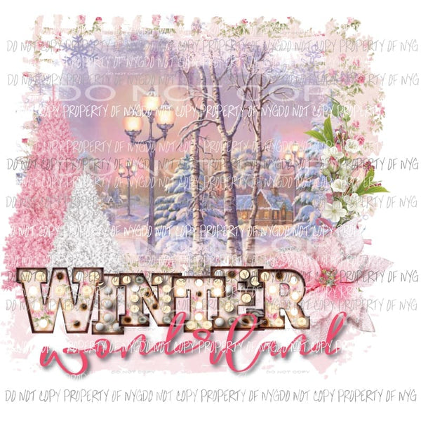 Winter Wonderland #2 pink scene snow flowers house Sublimation transfers Heat Transfer